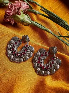 ZeroKaata Red Stones Studded Silver Plated Chandbalis Earrings