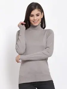 Mafadeny Women Grey Solid Turtle Neck Pullover Sweater
