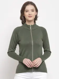 Mafadeny Women Green Solid Cardigan Sweater with Zip Detail