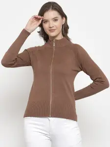 Mafadeny Women Brown Solid Zip Detail Turtle Neck Sweater