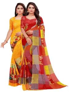 Silk Bazar Pack of 2 Red & Yellow Floral Printed Pure Georgette Saree