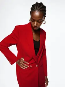 MANGO Women Red Sustainable Solid Double-Breasted Cheery Red Blazer