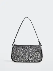 MANGO Women Black Stone Embellished Handheld Handbags