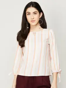 Fame Forever by Lifestyle Women White & Peach Striped Keyhole Neck Top