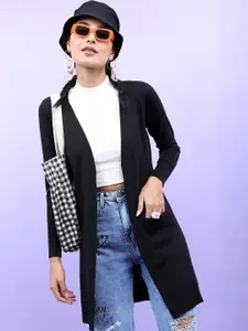 Tokyo Talkies Women Black Acrylic Longline Front-Open Sweater