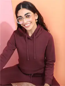 Tokyo Talkies Women Burgundy Hooded Sweatshirt