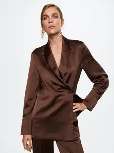 MANGO Women Brown Solid Satin Double-Breasted Sustainable Blazer