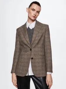 MANGO Women Brown Checked Sustainable Blazer with Shoulder Pads
