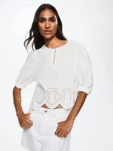 MANGO White Pure Cotton Floral Schiffli Embroidered Sustainable Top