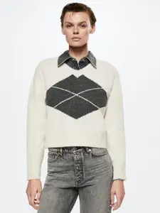 MANGO Women Off White & Charcoal Grey Argyle Sustainable Pullover