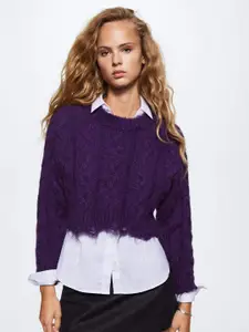 MANGO Women Purple Cable Knit Cropped Pullover