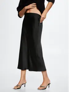 MANGO Women Black Solid Satin Midi Straight Skirt