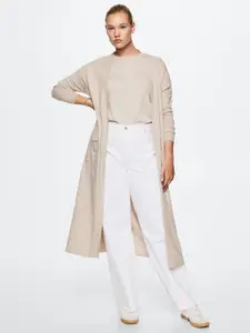 MANGO Women Off-White Sustainable Longline Front-Open Sweater with Belt