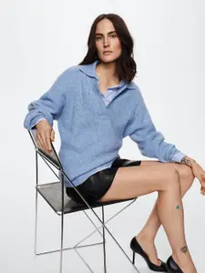 MANGO Women Blue Ribbed Longline Sustainable Pullover