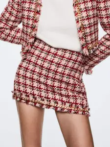 MANGO Pink & Red Sustainable Checked Tweed Straight Casual Mini Skirt