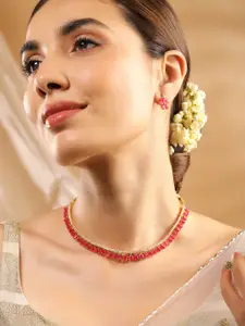 Rubans 22K Gold Plated Ruby & CZ Studded Necklace Set