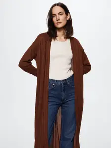 MANGO Women Rust Brown Self Design Longline Front-Open Sweater