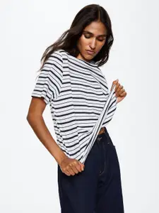 MANGO Women White & Navy Blue Striped Pure Cotton Sustainable T-shirt