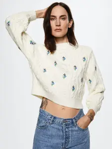 MANGO Women Off White & Blue Embroidered Crop Sweater