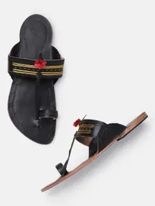 House of Pataudi Men Ethnic T-Strap Comfort Sandals With Cut-Out & Gotta Patti Detail