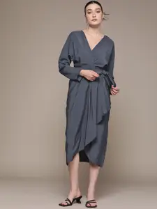 MANGO Navy Blue Solid V-Neck Wrap Midi Dress