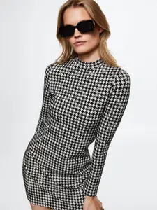 MANGO White & Black Houndstooth Sheath Mini Dress