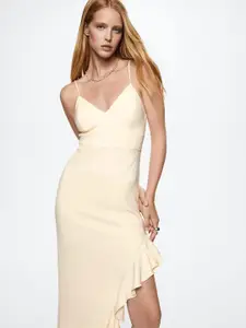 MANGO Off White Solid Ruffles Asymmetric Hem A-Line Midi Dress