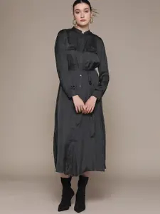 MANGO Black Solid Satin Shirt Midi Dress