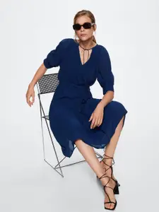 MANGO Blue Tie-Up Neck A-Line Midi Dress