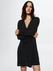 MANGO Black Solid Wrap Mini Dress
