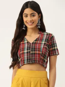 Molcha Multicoloured Cotton Checked Padded Saree Blouse
