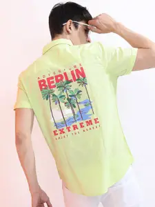 KETCH Men Lime Green Slim Fit Back Printed Graphic Casual Shirt