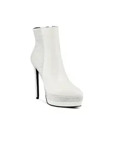 London Rag Women White Embellished  Pointed High-Heeled Winter Boots