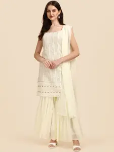 Virah Fashion Women Cream-Coloured Embroidered Chikankari Top with Sharara & With Dupatta