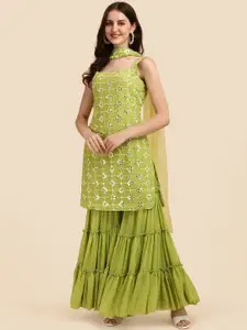 Virah Fashion Women Lime Green Embroidered Mirror Work Top with Sharara & With Dupatta