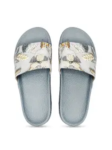 FREECO Women Grey & White Embellished Synthetic Sliders