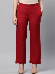 Linen Club Woman Women Maroon Solid Straight-Fit Linen Lounge Pants