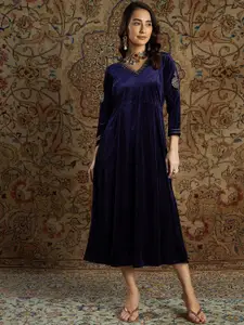 Shae by SASSAFRAS Women Navy Blue Embroidered Anarkali Dress