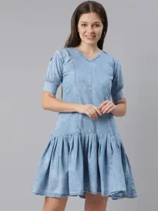 ZHEIA  Short Sleeves V-Neck A-Line Cotton Dress