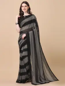 Amrutam Fab Black & Grey Striped Jaali Net Saree