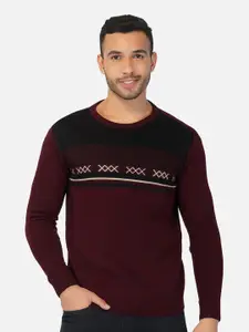 JoE Hazel Men Burgundy & Off White Printed Pullover