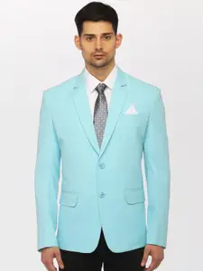 FAVOROSKI Men Turquoise Blue Solid Slim-Fit Single-Breasted Formal Blazer