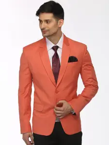 FAVOROSKI Men Orange Solid Slim-Fit Single-Breasted Formal Blazer