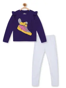KiddoPanti Girls Purple & White Printed Pure Cotton T-shirt with Leggings