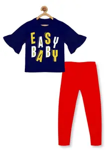 KiddoPanti Girls Navy Blue & Red Printed Pure Cotton T-shirt with Leggings