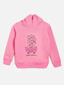 KIDSCRAFT Girls Pink Printed Hooded Fleece Pullover Sweatshirt