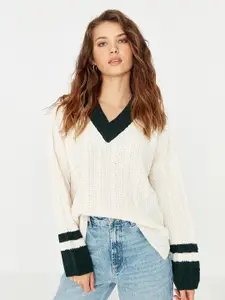Trendyol Women Off White & Black Cable Knit Pullover