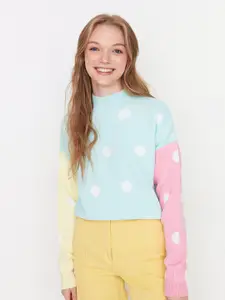 Trendyol Women Blue & Pink Colourblocked Acrylic Pullover Sweater