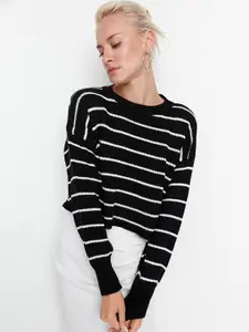 Trendyol Women Black & White Striped Acrylic Pullover Sweater