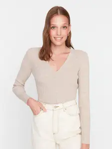Trendyol Women Cream-Coloured Ribbed Acrylic Pullover Sweater
